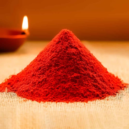 “Paprika powder in wooden bowl with red spice background”